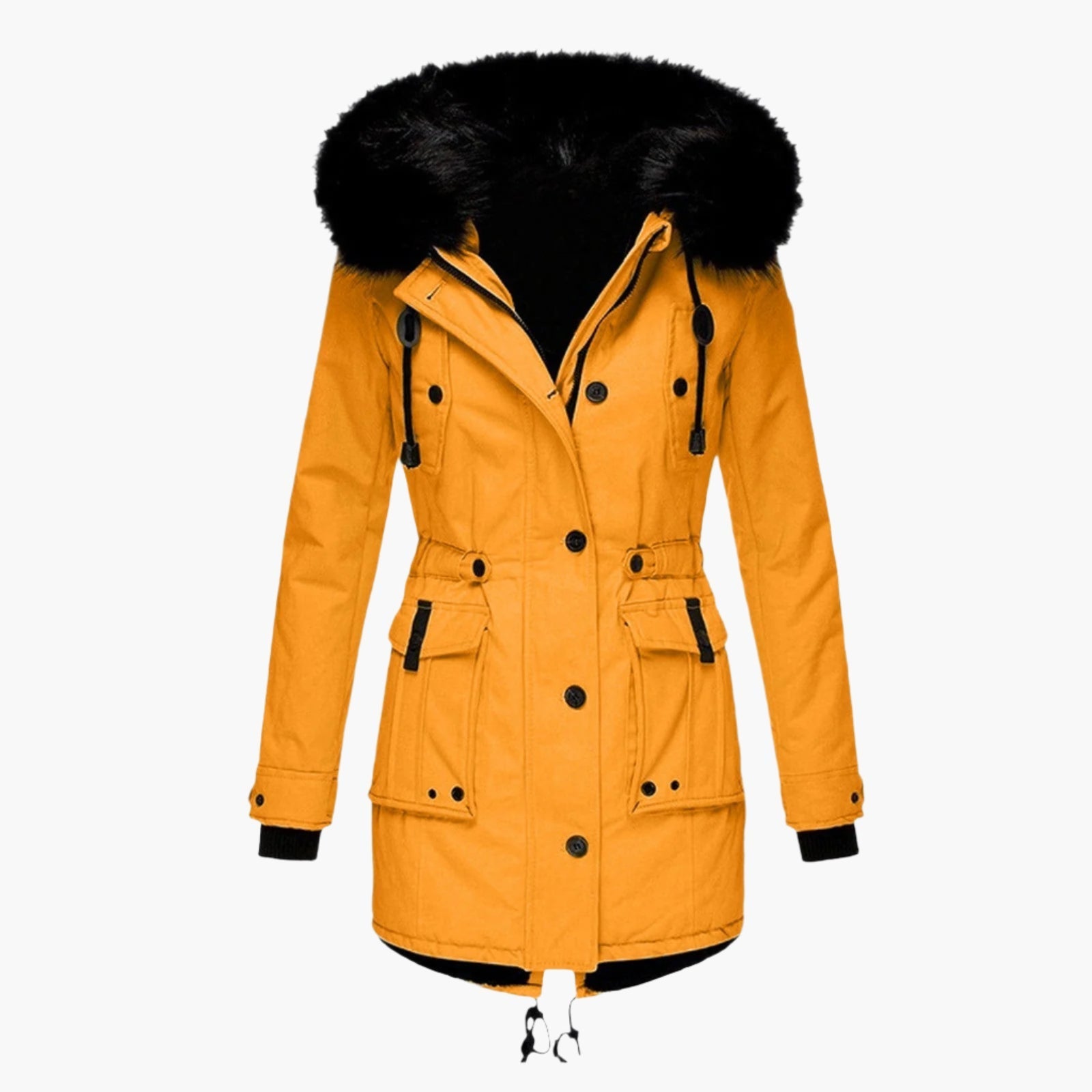 women's gold tailored winter parka with faux fur trimmed hood