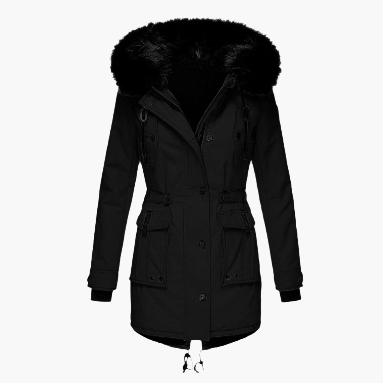 women's gold tailored winter parka with faux fur trimmed hood