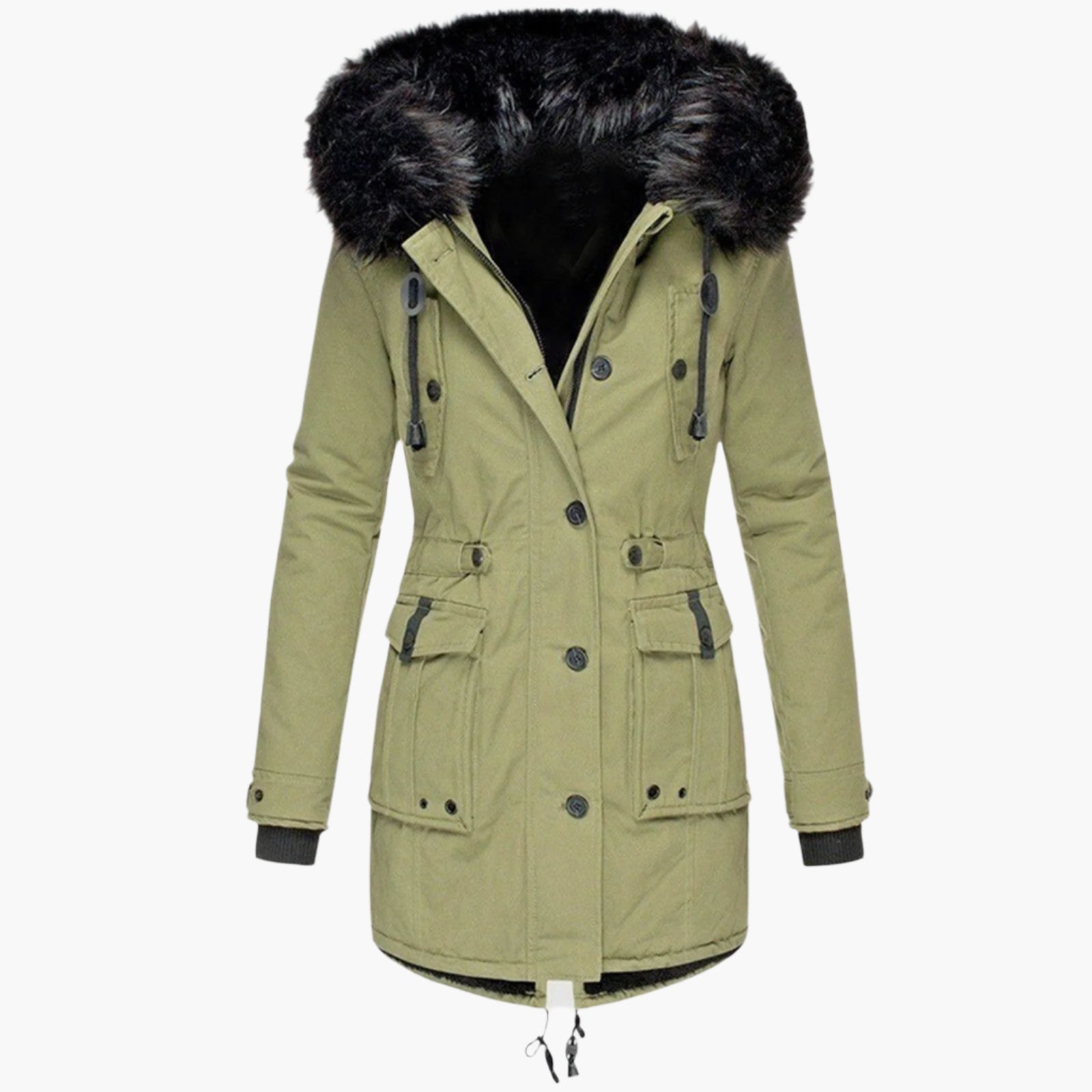women's gold tailored winter parka with faux fur trimmed hood