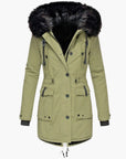 women's gold tailored winter parka with faux fur trimmed hood
