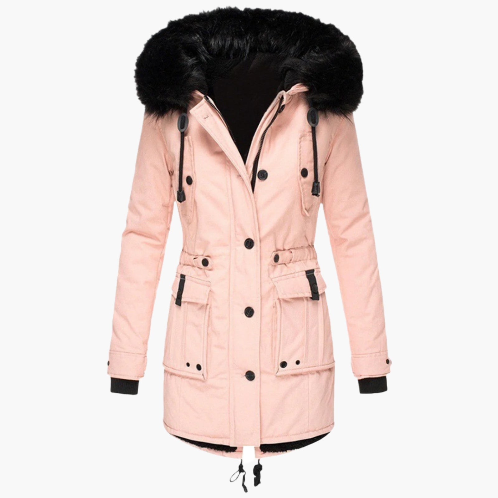 women's gold tailored winter parka with faux fur trimmed hood