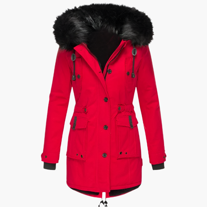 women's gold tailored winter parka with faux fur trimmed hood