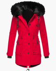 women's gold tailored winter parka with faux fur trimmed hood
