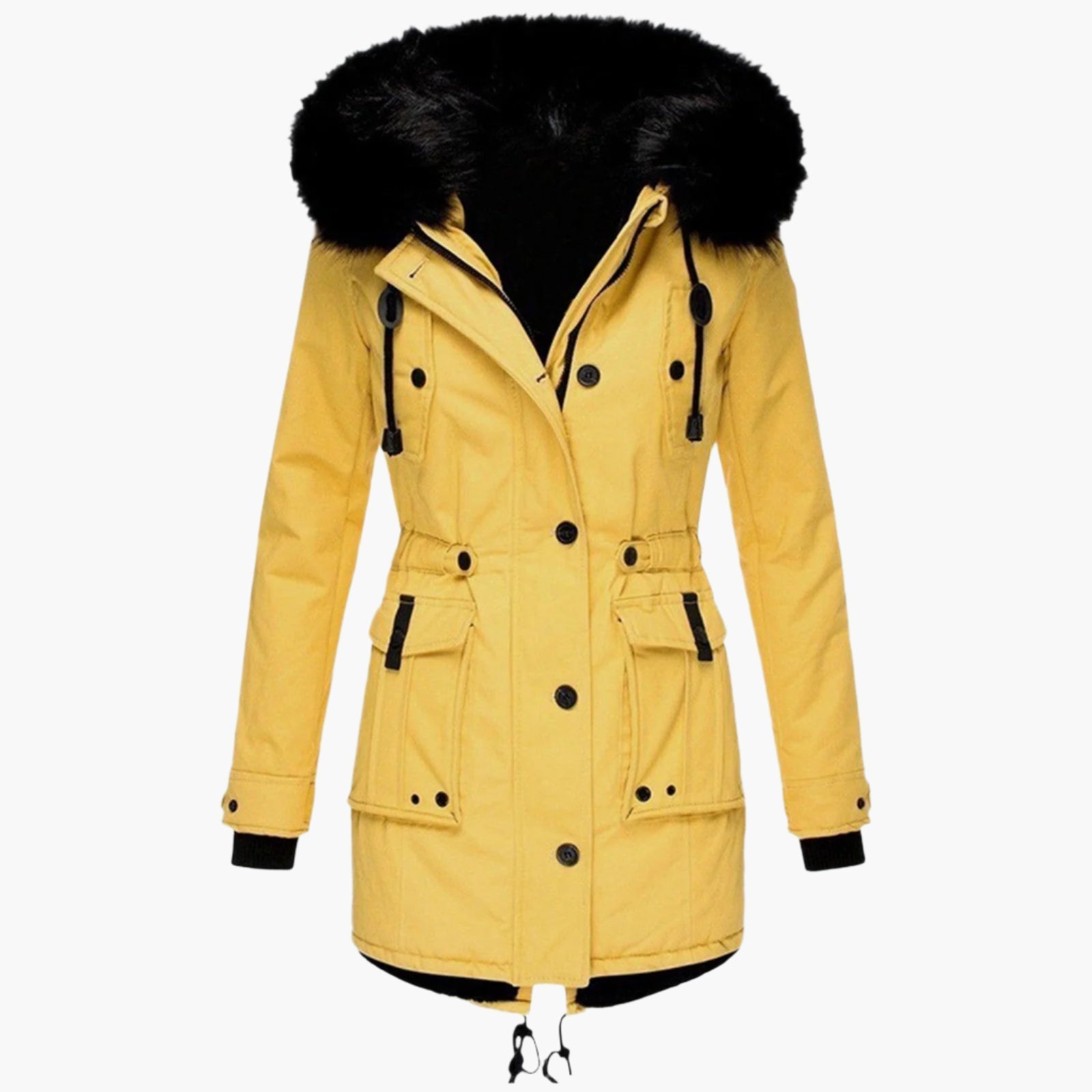 women's gold tailored winter parka with faux fur trimmed hood