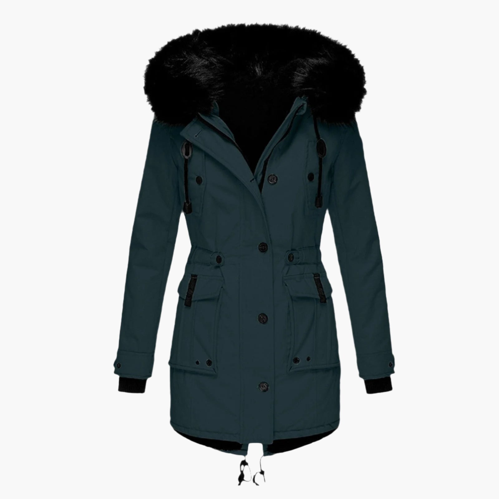 women's gold tailored winter parka with faux fur trimmed hood
