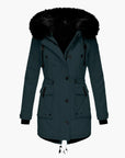 women's gold tailored winter parka with faux fur trimmed hood