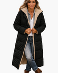women's black long hooded quilted coat with teddy lining