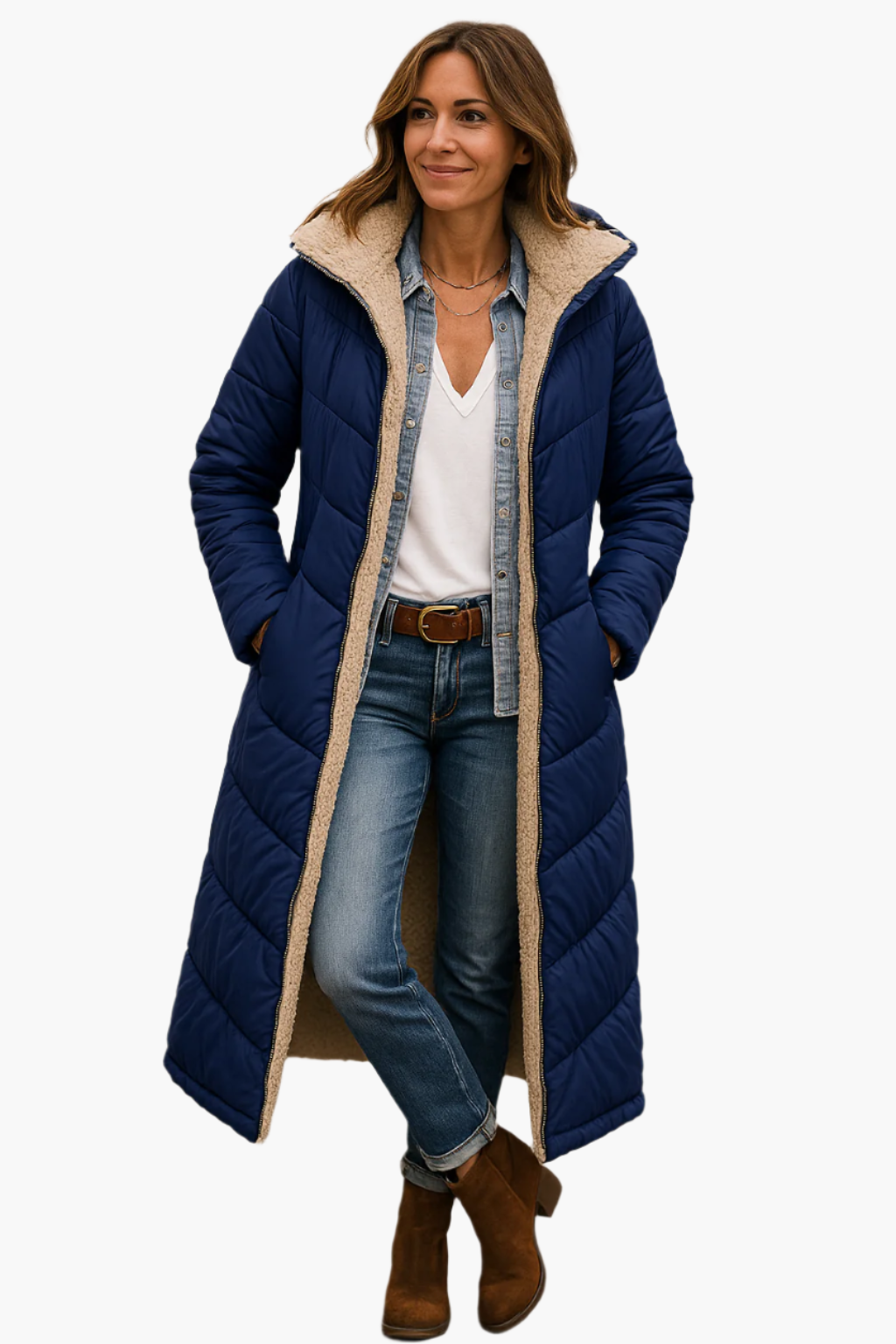 women's black long hooded quilted coat with teddy lining