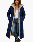 women's black long hooded quilted coat with teddy lining
