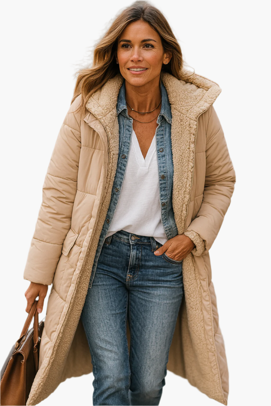 women's black long hooded quilted coat with teddy lining