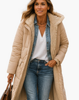 women's black long hooded quilted coat with teddy lining