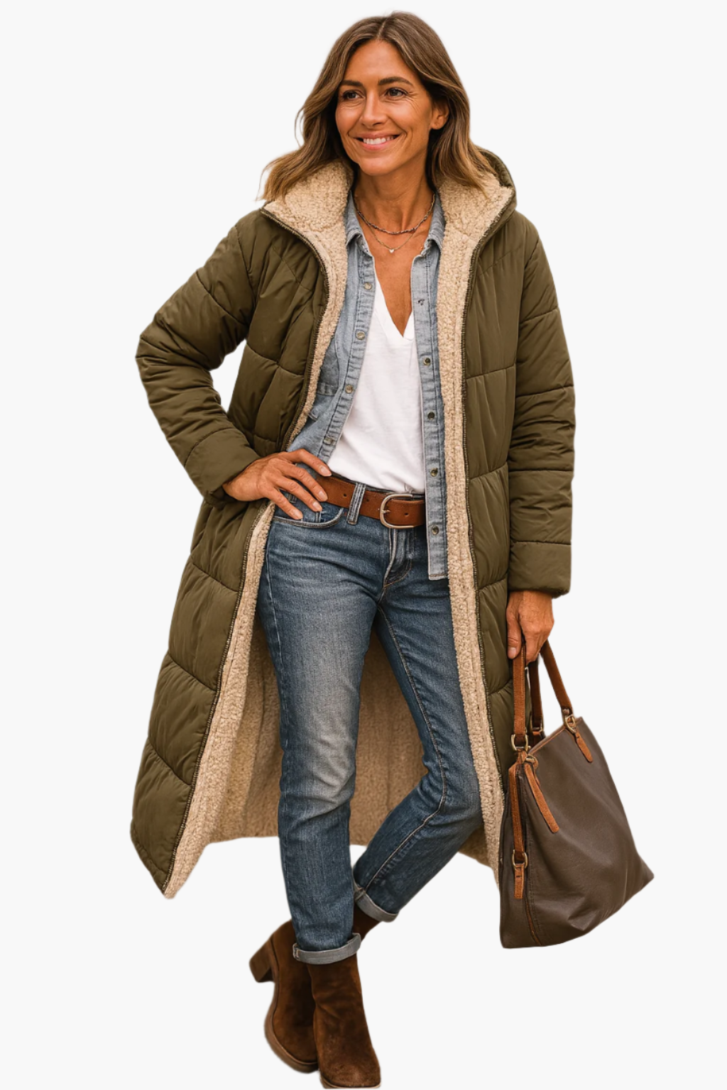 women's black long hooded quilted coat with teddy lining