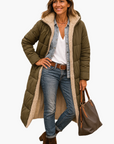 women's black long hooded quilted coat with teddy lining