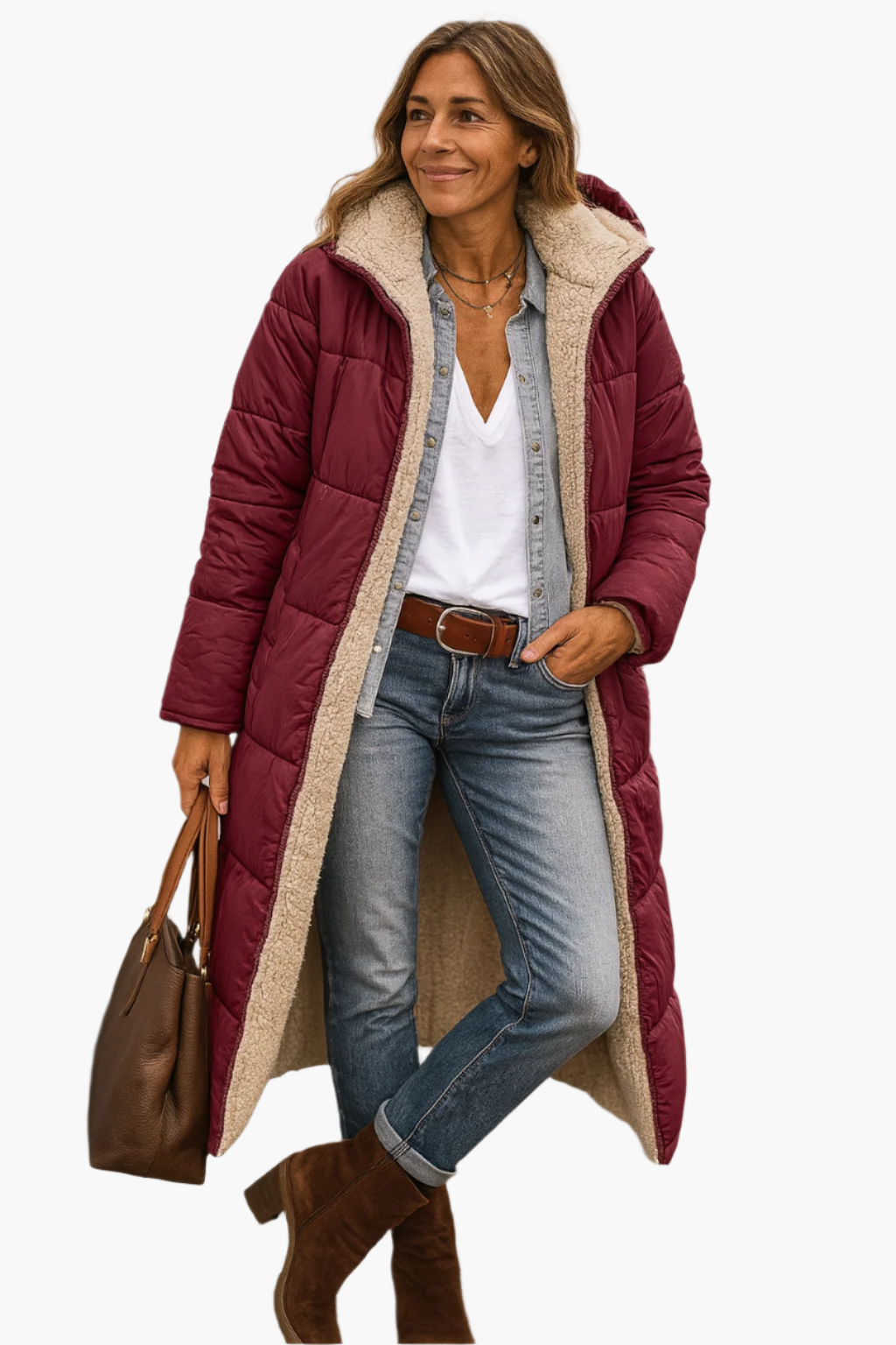 women's black long hooded quilted coat with teddy lining
