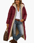 women's black long hooded quilted coat with teddy lining