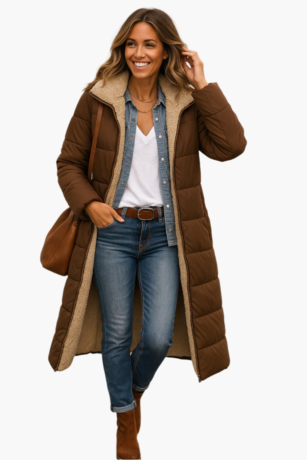 women's black long hooded quilted coat with teddy lining