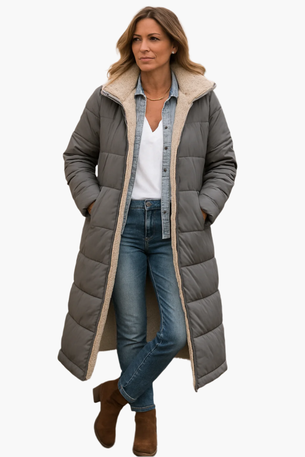 women's long hooded quilted coat with teddy lining for winter