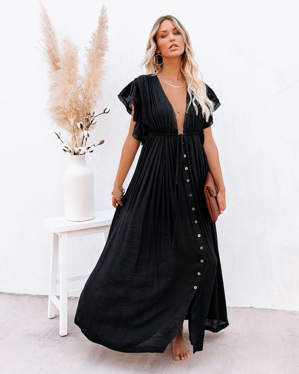 Womens Dress Button Front Maxi Boho Style 0