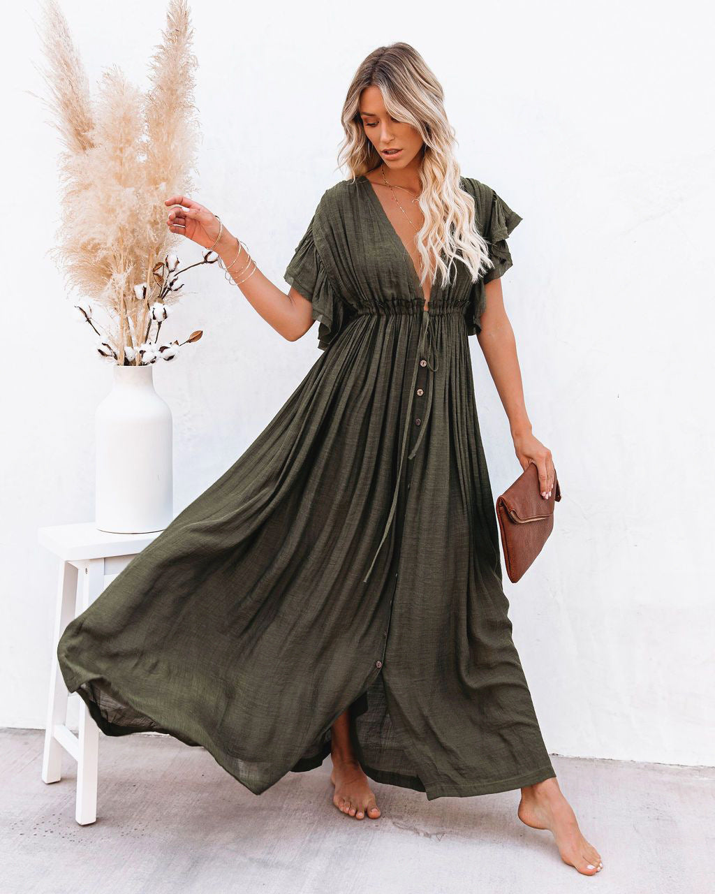Womens Dress Button Front Maxi Boho Style 2
