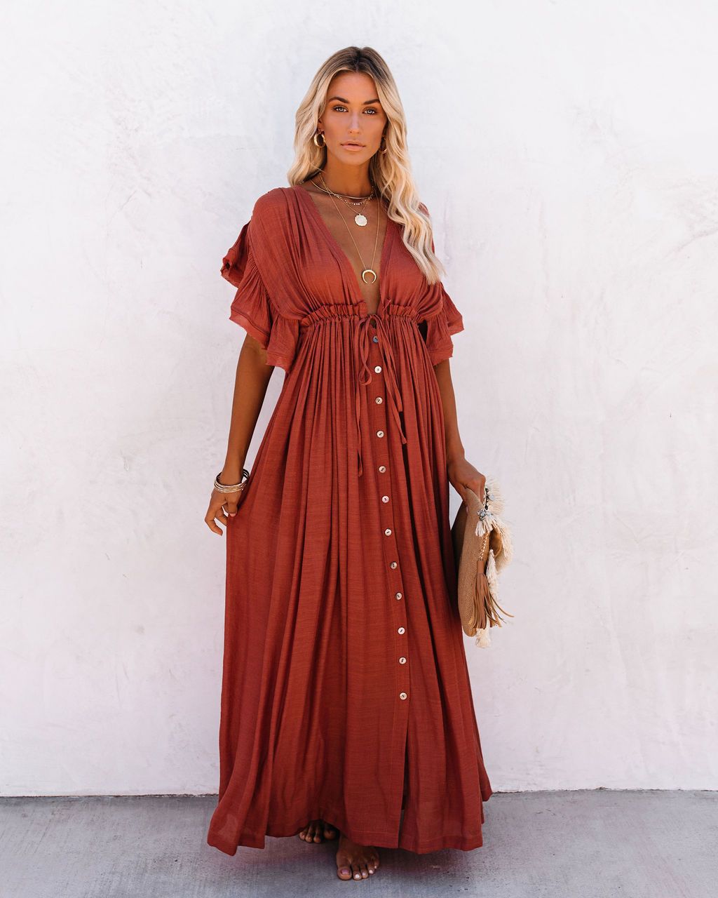 Womens Dress Button Front Maxi Boho Style 3