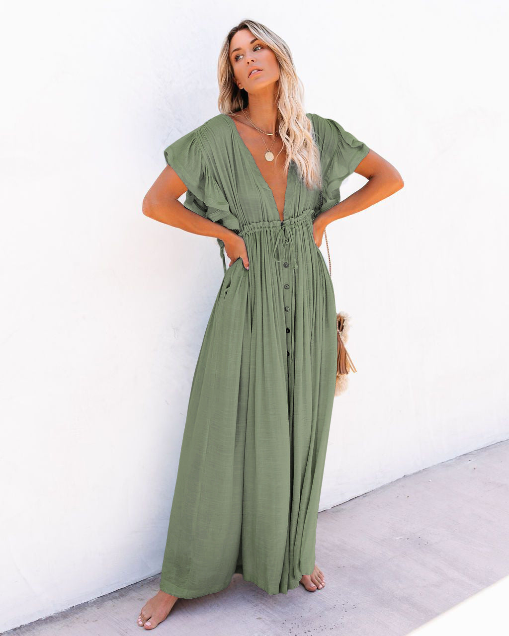 Womens Dress Button Front Maxi Boho Style 4