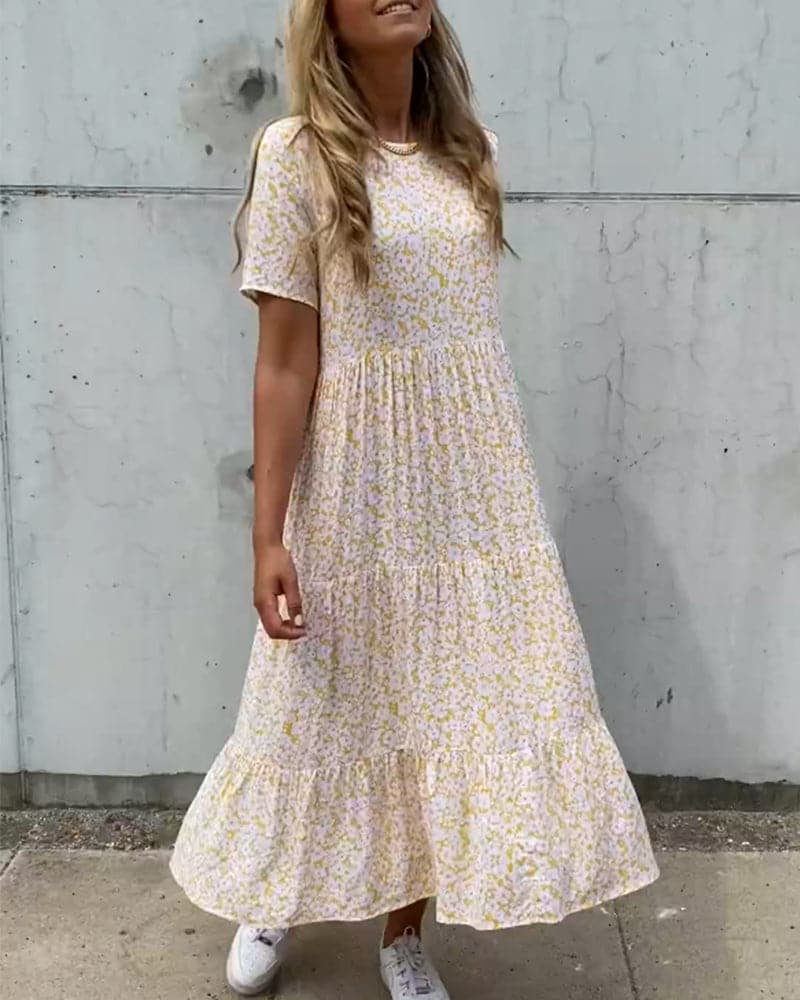 Womens Dress Floral Midi Tiered Short Sleeves 2