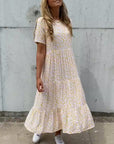 Womens Dress Floral Midi Tiered Short Sleeves 2