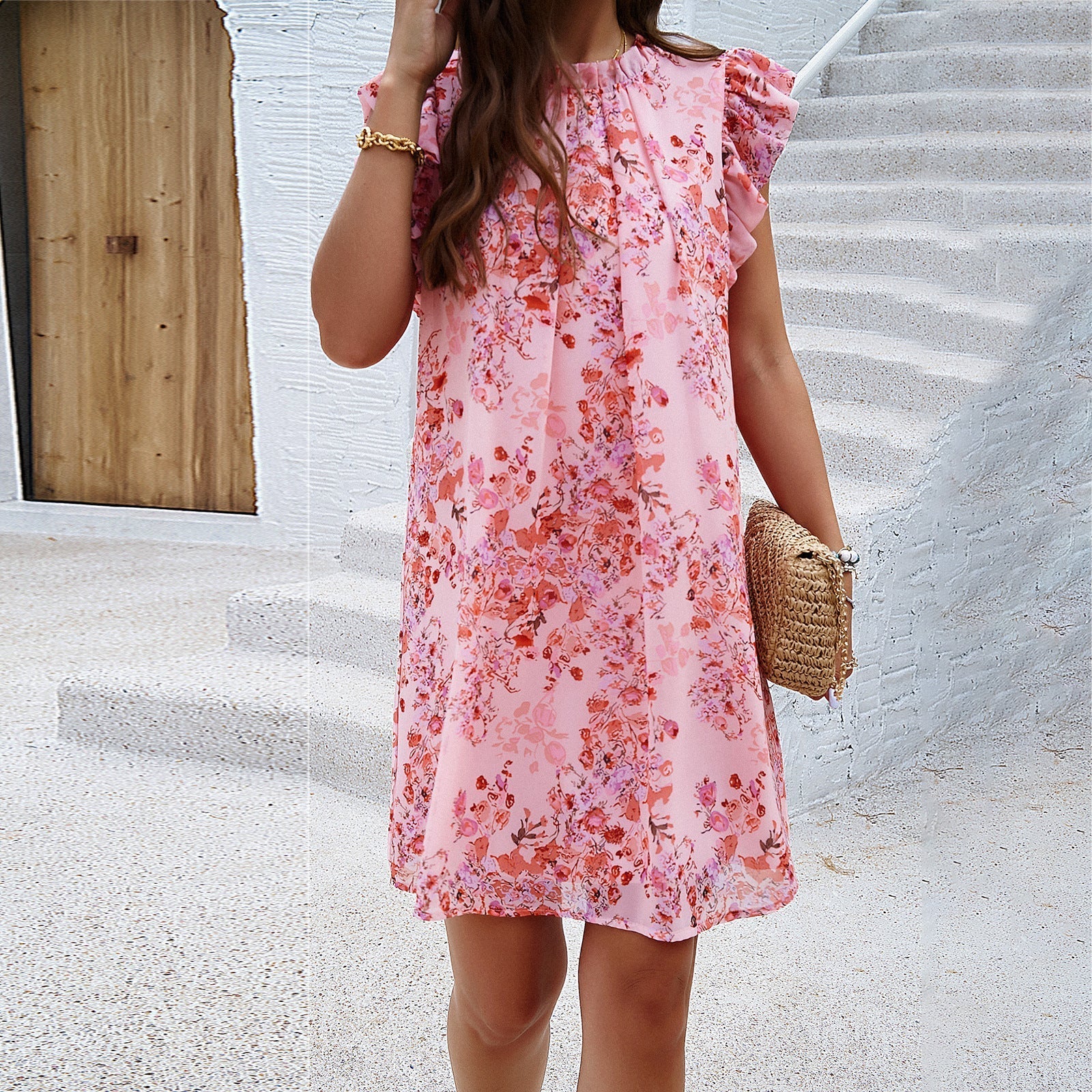 Womens Dress Floral Mini With Ruffle Sleeves 0