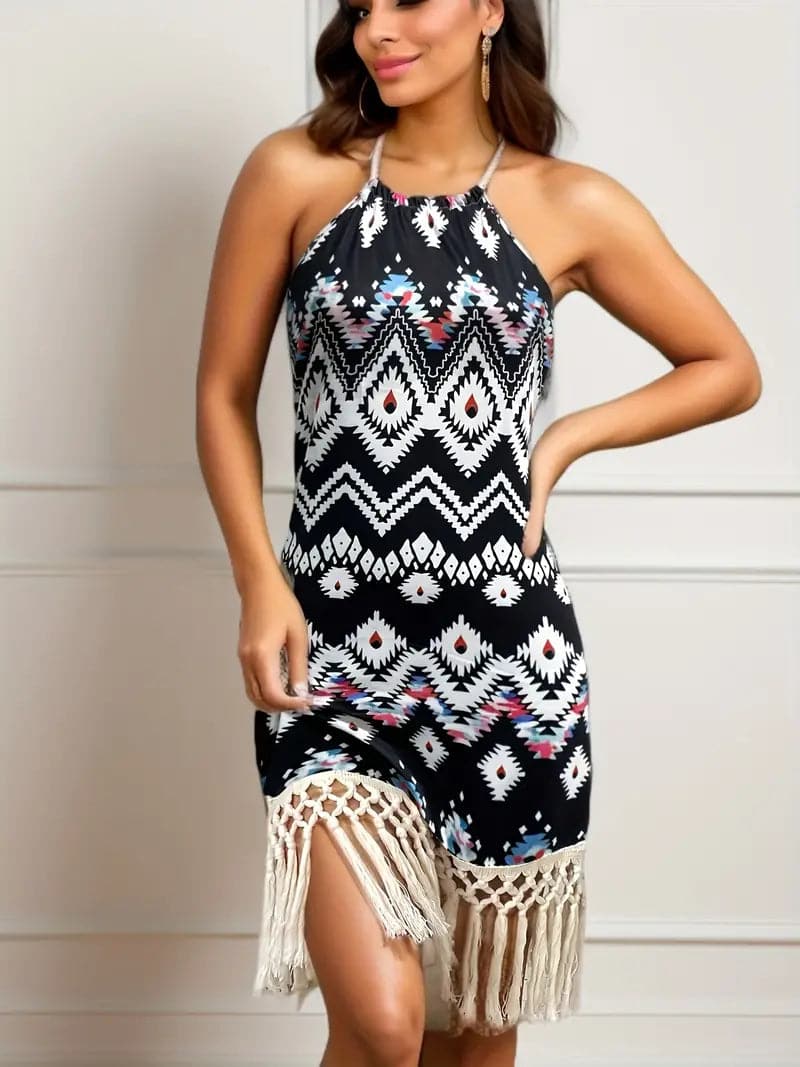 Womens Dress Geometric Print Fringe Hem Mini 0