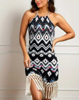 Womens Dress Geometric Print Fringe Hem Mini 0