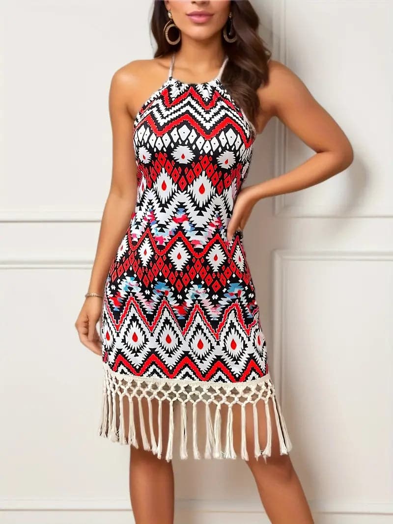 Womens Dress Geometric Print Fringe Hem Mini 1
