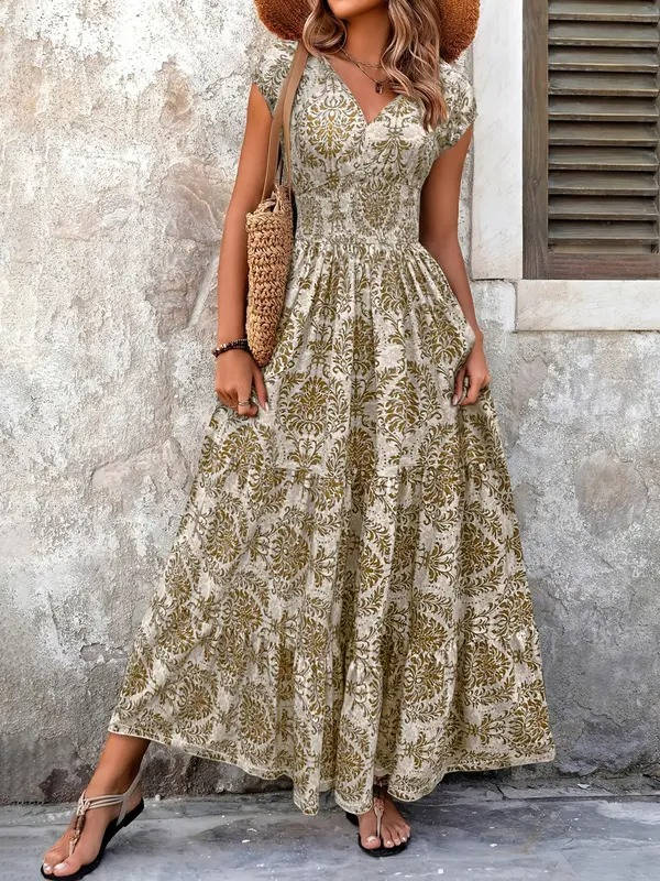 Womens Dress Maxi V Neck Boho Patterned 0
