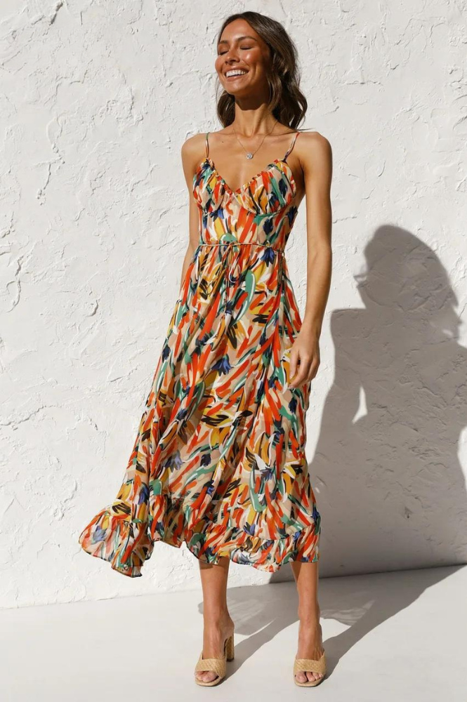 Womens Dress Midi V-Neck Abstract Print Summer 0