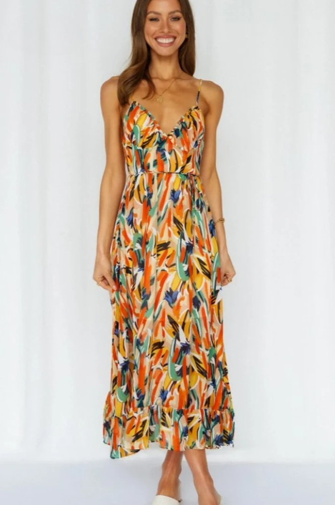 Womens Dress Midi V-Neck Abstract Print Summer 2