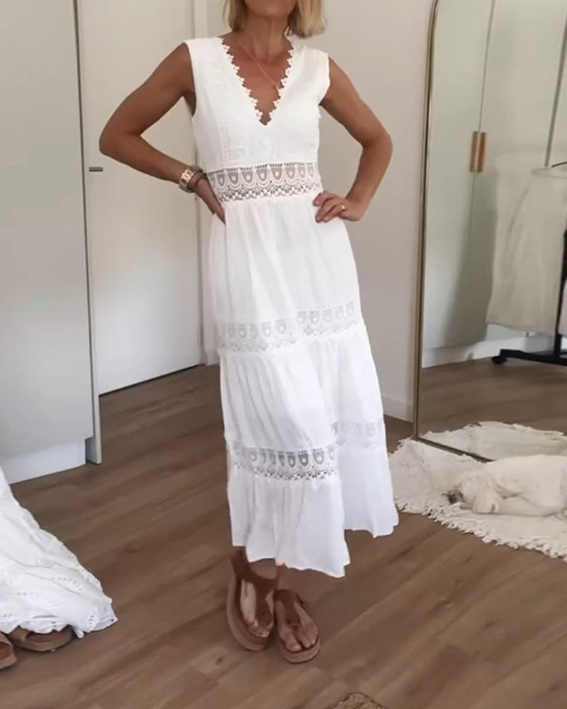 Womens Dress V Neck Boho Midi Summer Style 0