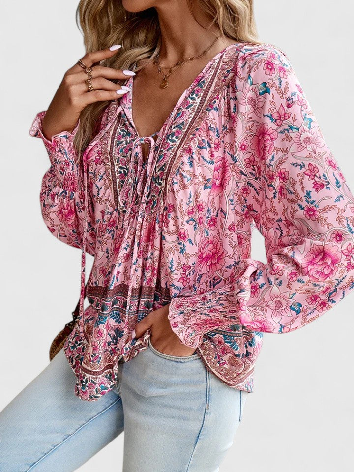 Womens Top Floral Peasant Long Sleeve Blouse 1