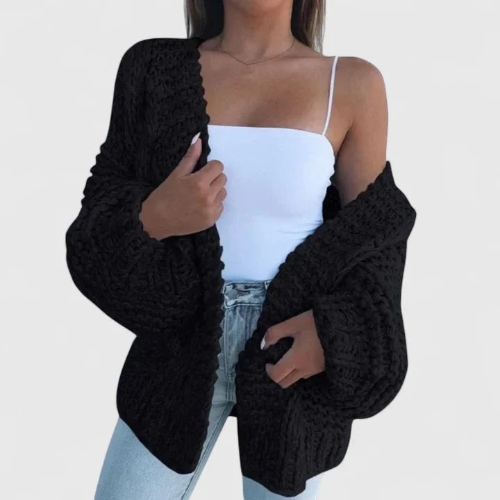 Women's black chunky knit cardigan open front