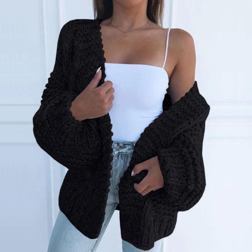 Women's black chunky knit cardigan open front