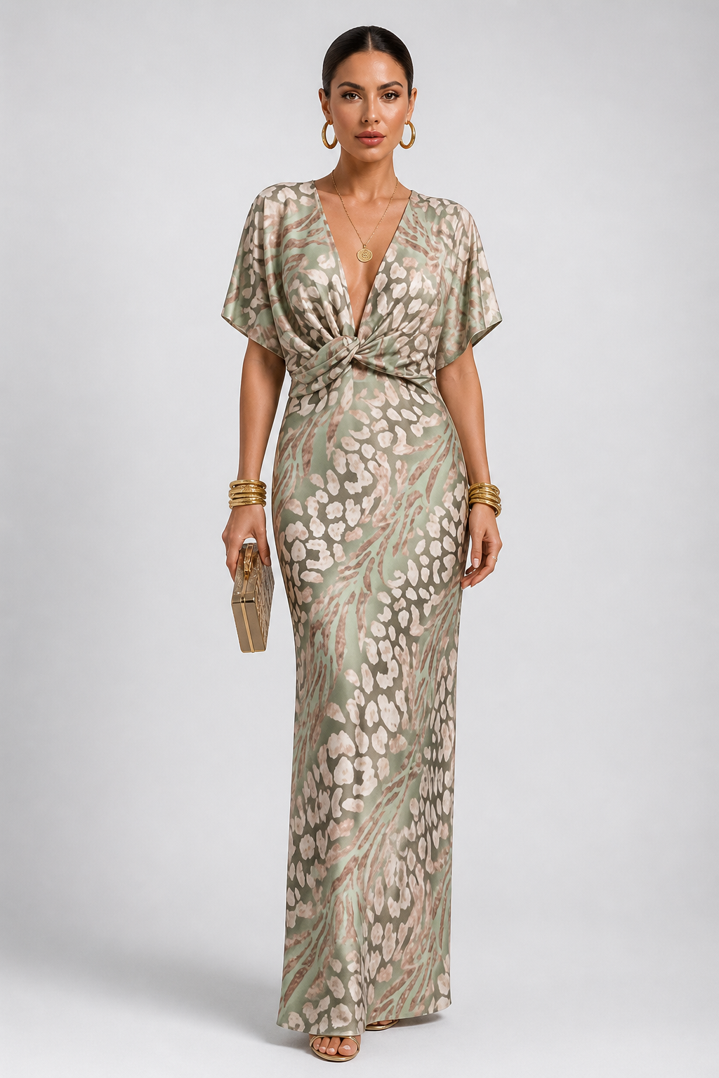 Woman wearing a patterned evening gown on a plain background