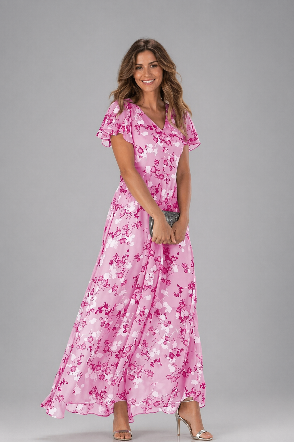 Woman wearing a pink floral dress on a gray background