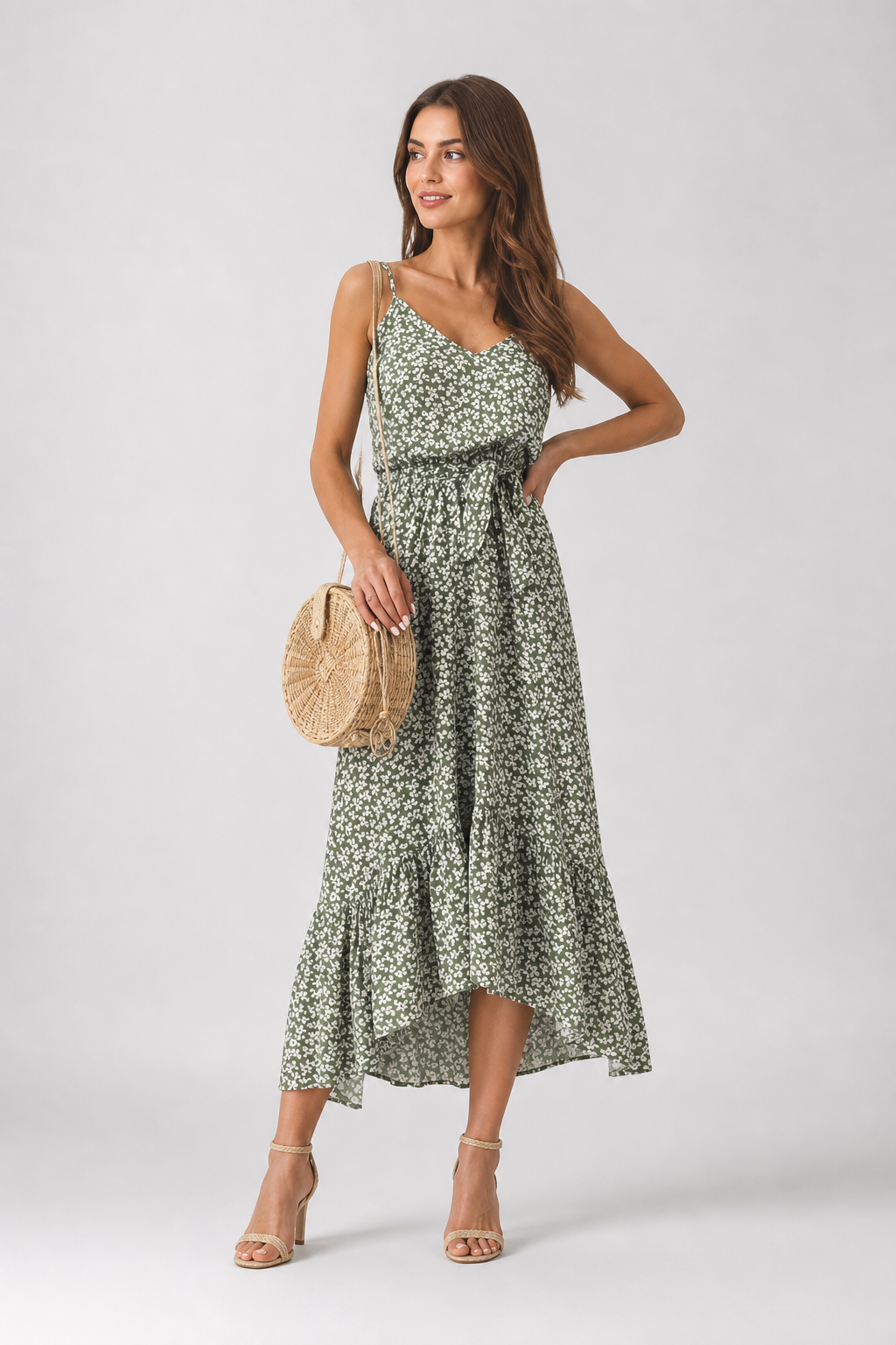 Woman wearing a green floral dress holding a woven bag on a white background