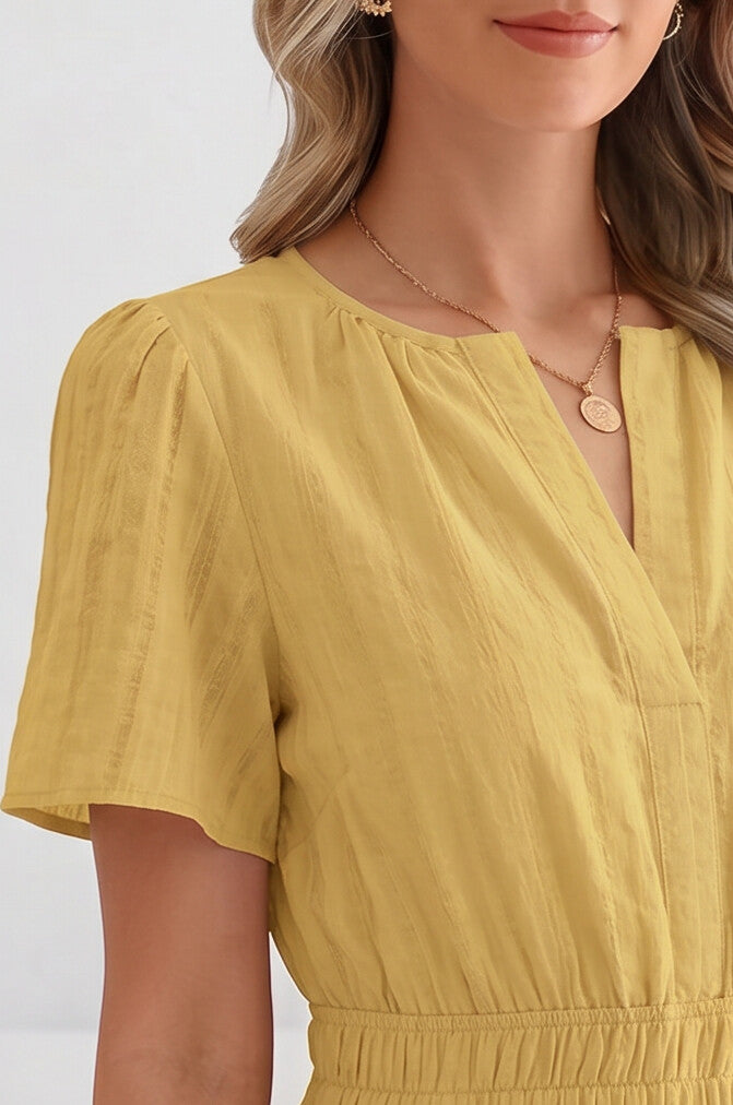 Womens Dress Smocked Waist Short Sleeves Midi