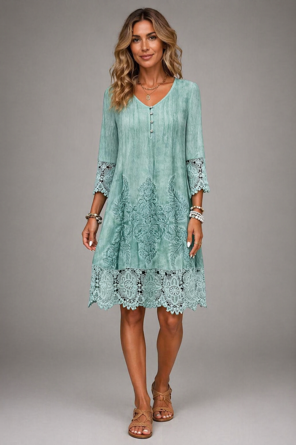 Charming Midi Dress With Lace And 3/4 Sleeves 0