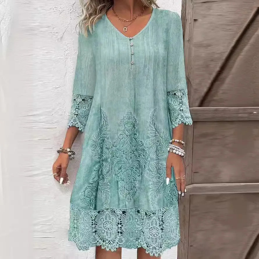 Charming Midi Dress With Lace And 3/4 Sleeves 0