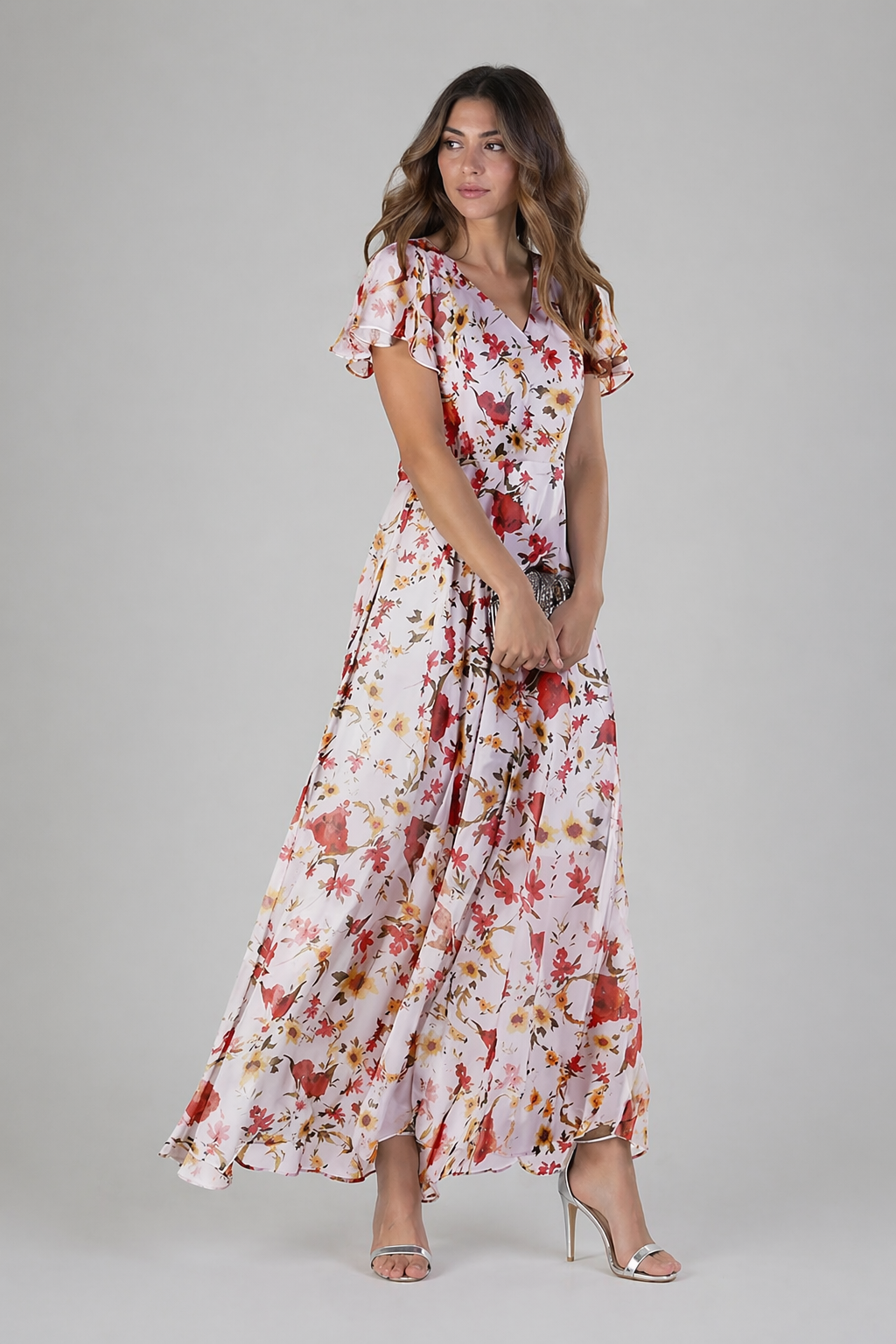 Woman wearing a floral dress on a gray background