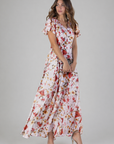 Woman wearing a floral dress on a gray background