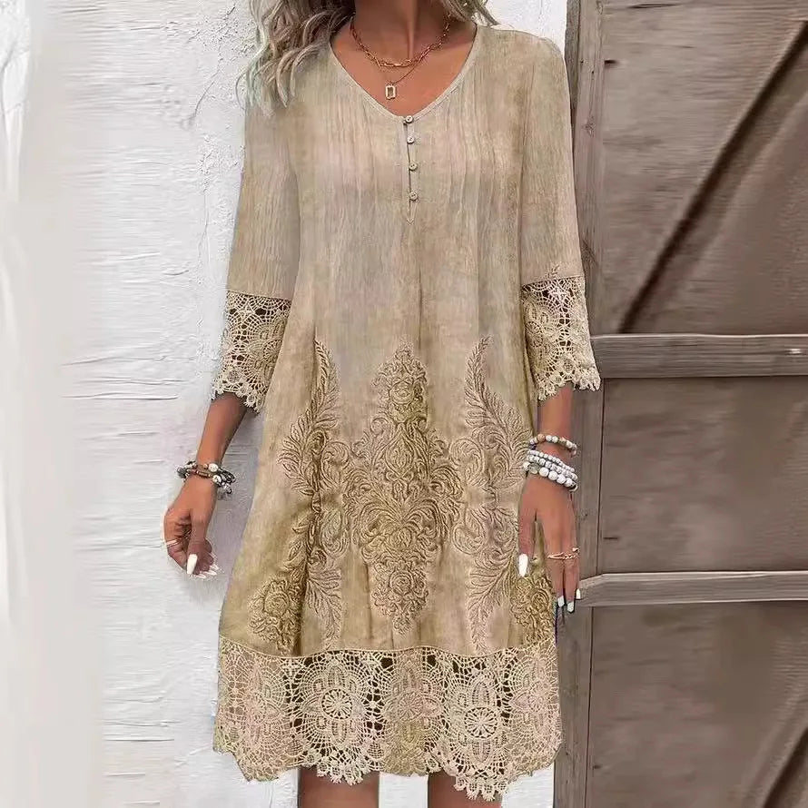 Charming Midi Dress With Lace And 3/4 Sleeves 0