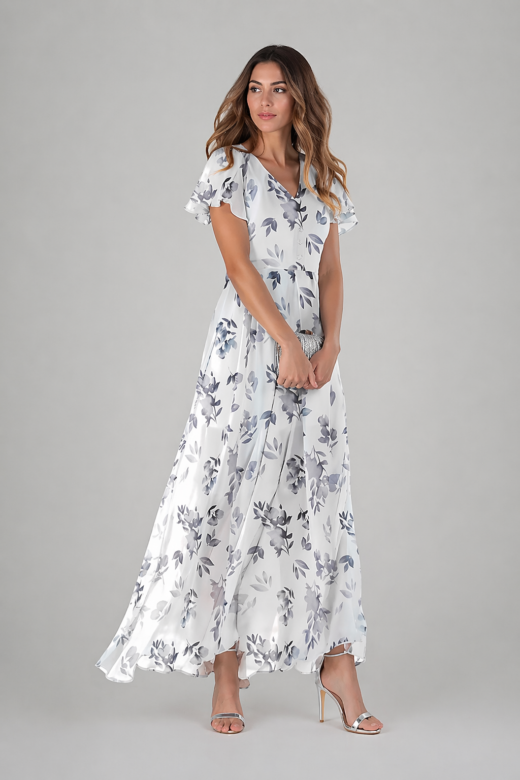 Woman wearing a floral dress on a gray background