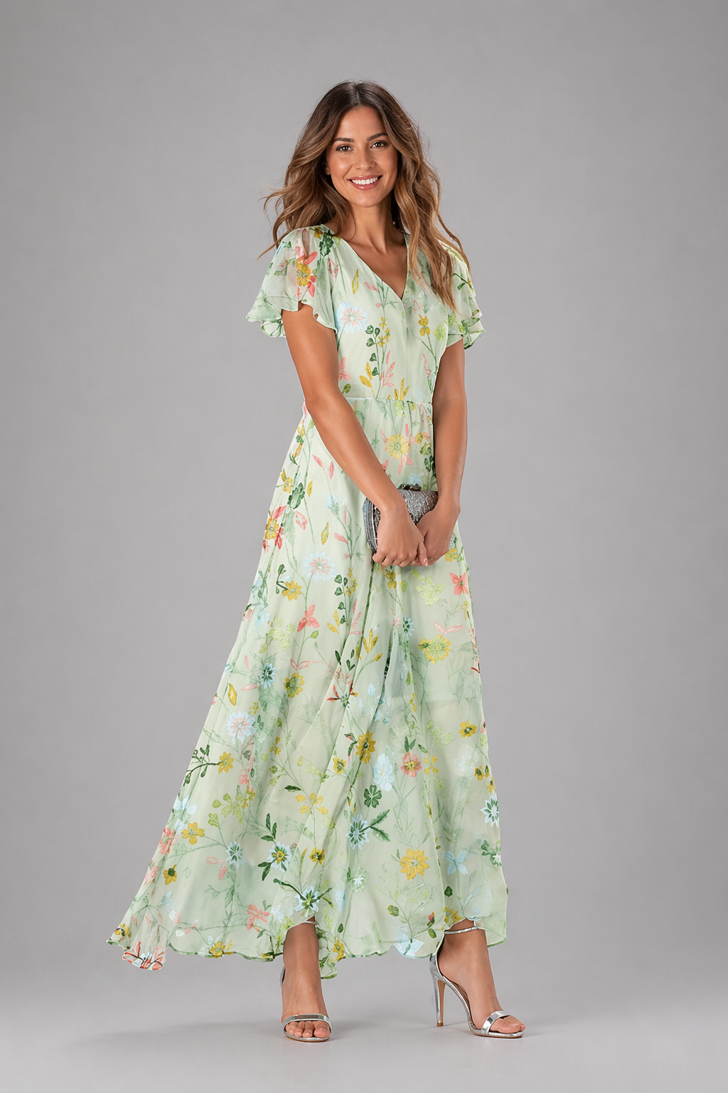 Woman wearing a floral dress on a gray background